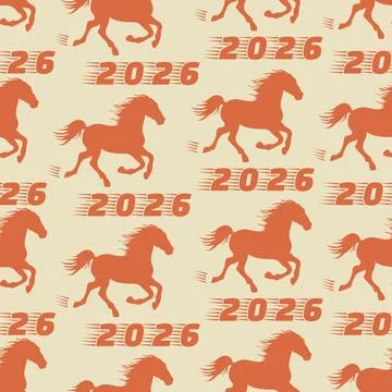 Seamless pattern with galloping horses and 2026 text conveys dynamic energy.. Stock Illustration