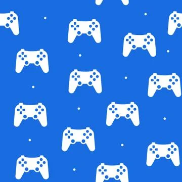 Seamless pattern of the game joystick in a flat style on a blue background. Stock Illustration