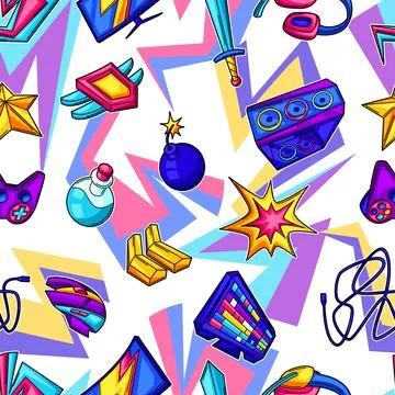 Seamless pattern with gaming items. Cyber sports, computer games, fun recreation Stock Illustration