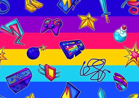Seamless pattern with gaming items. Cyber sports, computer games, fun recreation Stock Illustration