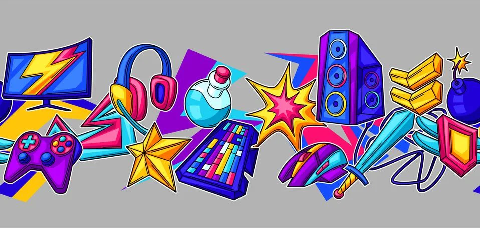 Seamless pattern with gaming items. Cyber sports, computer games, fun recreation Stock Illustration