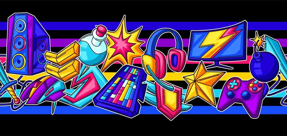 Seamless pattern with gaming items. Cyber sports, computer games, fun recreation Stock Illustration
