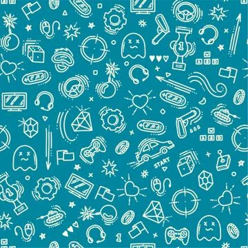 Seamless pattern of gaming objects. Stuff related to gaming industry. Vector Stock Illustration