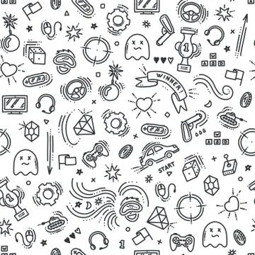 Seamless pattern of gaming objects. Vector illustration in doodle style Stock Illustration