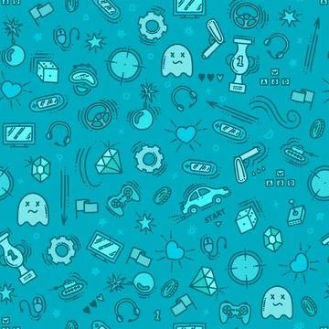Seamless pattern of gaming objects. Virtual reality, computers, game genres and イラスト素材
