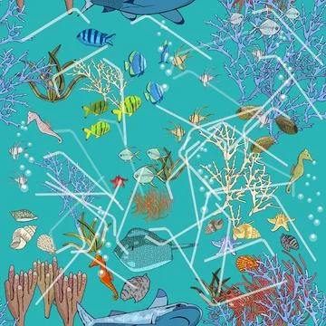 Seamless pattern with garbage in the ocean. The problems with chemical wastes Stock Illustration