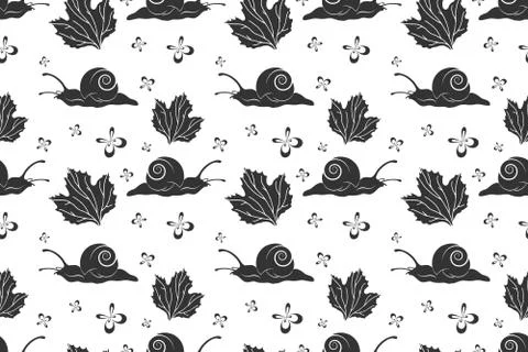 Seamless pattern of garden animal Snail, butterfly and Pumpkin leaves. Black 스톡 일러스트