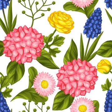 Seamless pattern with garden flowers. Decorative hortense, ranunculus, muscari Illustrazione stock