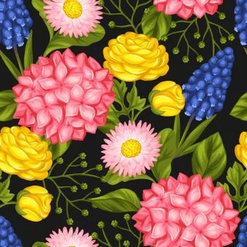 Seamless pattern with garden flowers. Decorative hortense, ranunculus, muscari Illustrazione stock