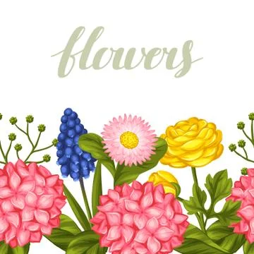 Seamless pattern with garden flowers. Decorative hortense, ranunculus, muscari Illustrazione stock
