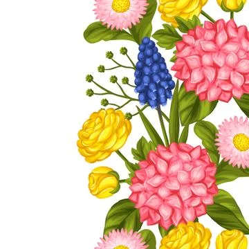 Seamless pattern with garden flowers. Decorative hortense, ranunculus, muscari Stock Illustration