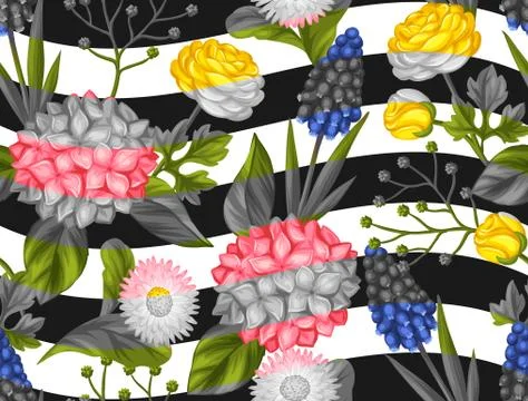 Seamless pattern with garden flowers. Decorative hortense, ranunculus, muscari Illustrazione stock