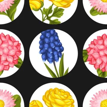 Seamless pattern with garden flowers. Decorative hortense, ranunculus, muscari Illustrazione stock
