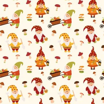 Seamless pattern with garden gnomes and mushrooms. Autumn, fall season, har.. Stock Illustration