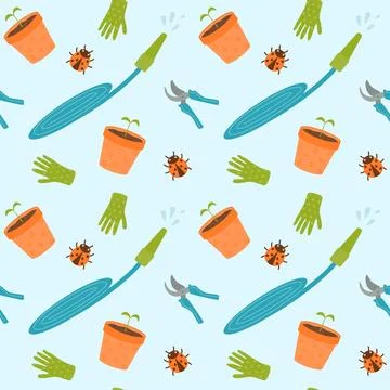 Seamless pattern with garden hose, gloves, flower pot, pruner and ladybug. Stock Illustration