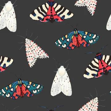Seamless pattern with garden tiger moths, Arctiidae family. Watercolor Illustrazione stock