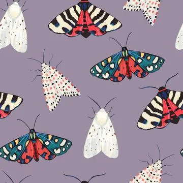 Seamless pattern with garden tiger moths, Arctiidae family. Watercolor 스톡 일러스트