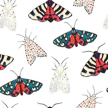 Seamless pattern with garden tiger moths, Arctiidae family. Watercolor Stock Illustration