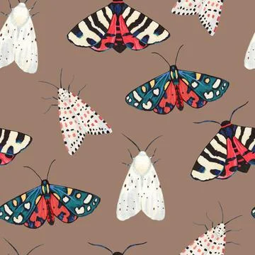 Seamless pattern with garden tiger moths, Arctiidae family. Watercolor Illustrazione stock