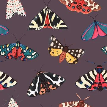 Seamless pattern with garden tiger moths, Arctiidae family. Watercolor 스톡 일러스트