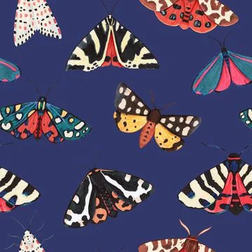 Seamless pattern with garden tiger moths, Arctiidae family. Watercolor 스톡 일러스트