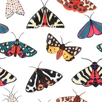 Seamless pattern with garden tiger moths, Arctiidae family. Watercolor 스톡 일러스트