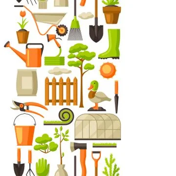 Seamless pattern with garden tools and items. Season gardening illustration Illustrazione stock