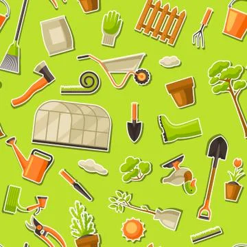 Seamless pattern with garden tools and items. Season gardening illustration Illustrazione stock