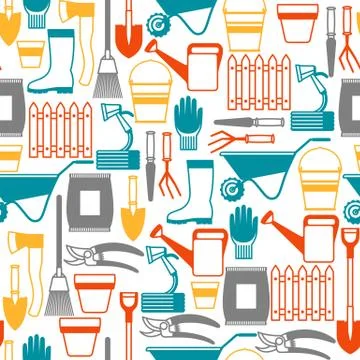 Seamless pattern with garden tools and icons. All for gardening business Stock Illustration