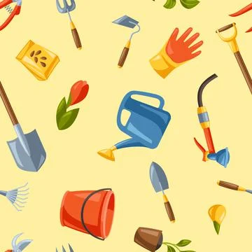Seamless pattern with garden tools and equipment. Illustrazione stock