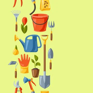 Seamless pattern with garden tools and equipment. Gardening illustration. Stock Illustration