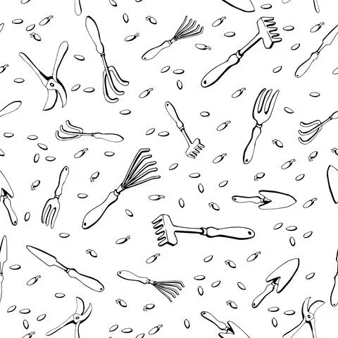 Seamless pattern with garden tools on a white isolated background in doodle Stock Illustration