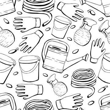 Seamless pattern with garden tools on a white isolated background in doodle Stock Illustration