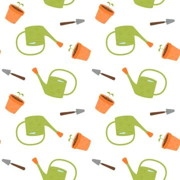 Seamless pattern with garden watering can, flower pot, shovel. Stock Illustration