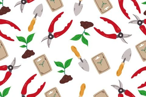 Seamless pattern with Gardening elements.Home gardening and plant care conc.. Stock Illustration