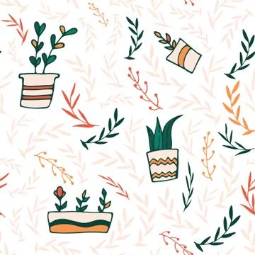 Seamless pattern. Gardening hand drawn plants in pots and leaves. Stock Illustration