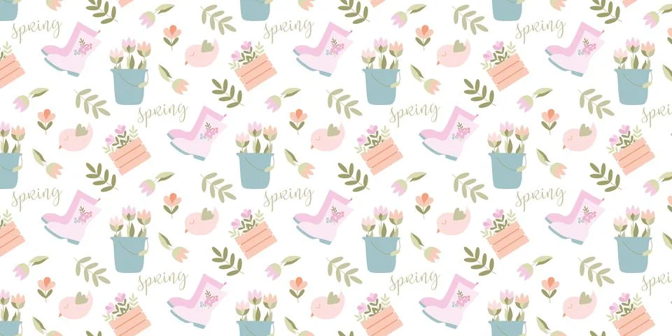 Seamless pattern, Gardening Spring bright. Rubber boots, Bucket, Flowers bouq Stock Illustration