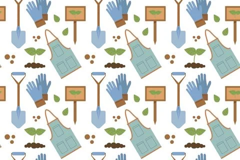 Seamless pattern with gardening tools and plants. Summer illustrations in fla Illustrazione stock