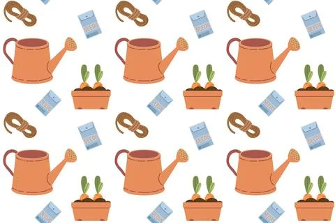 Seamless pattern with gardening tools and plants. Summer illustrations in fla Stock Illustration
