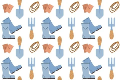 Seamless pattern with gardening tools and plants. Summer illustrations in fla Stock Illustration