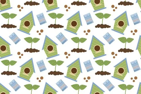 Seamless pattern with gardening tools and plants. Summer illustrations in fla Stock Illustration