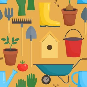 Seamless pattern with gardening tools and equipment. Vector illustration. Stock Illustration