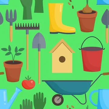 Seamless pattern with gardening tools and equipment. Vector illustration. Illustrazione stock