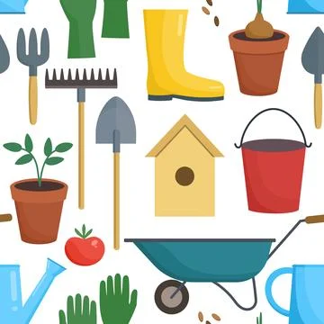 Seamless pattern with gardening tools and equipment. Vector illustration. Stock Illustration