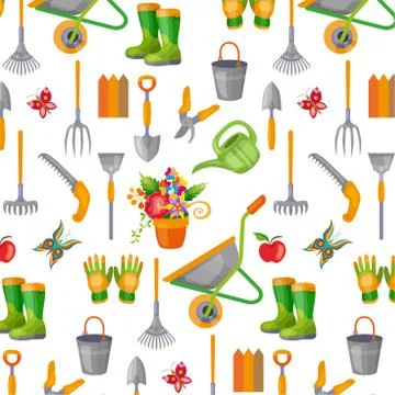 Seamless pattern with gardening tools on white background. Backdrop with Stock Illustration