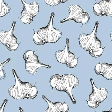 Seamless pattern of garlic on a blue background Stock Illustration