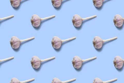 Seamless pattern of garlic bulb on a blue background 스톡 사진