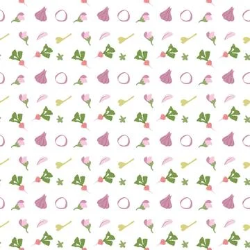 Seamless pattern with garlic cloves and basil leaves on white background 스톡 일러스트