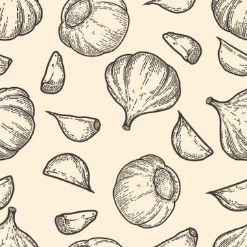 Seamless pattern with garlic illustrations. Design element for poster, card,  Stock Illustration