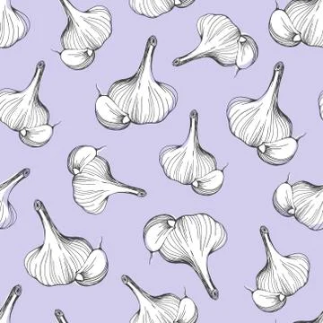 Seamless pattern of garlic on a purple background Stock Illustration